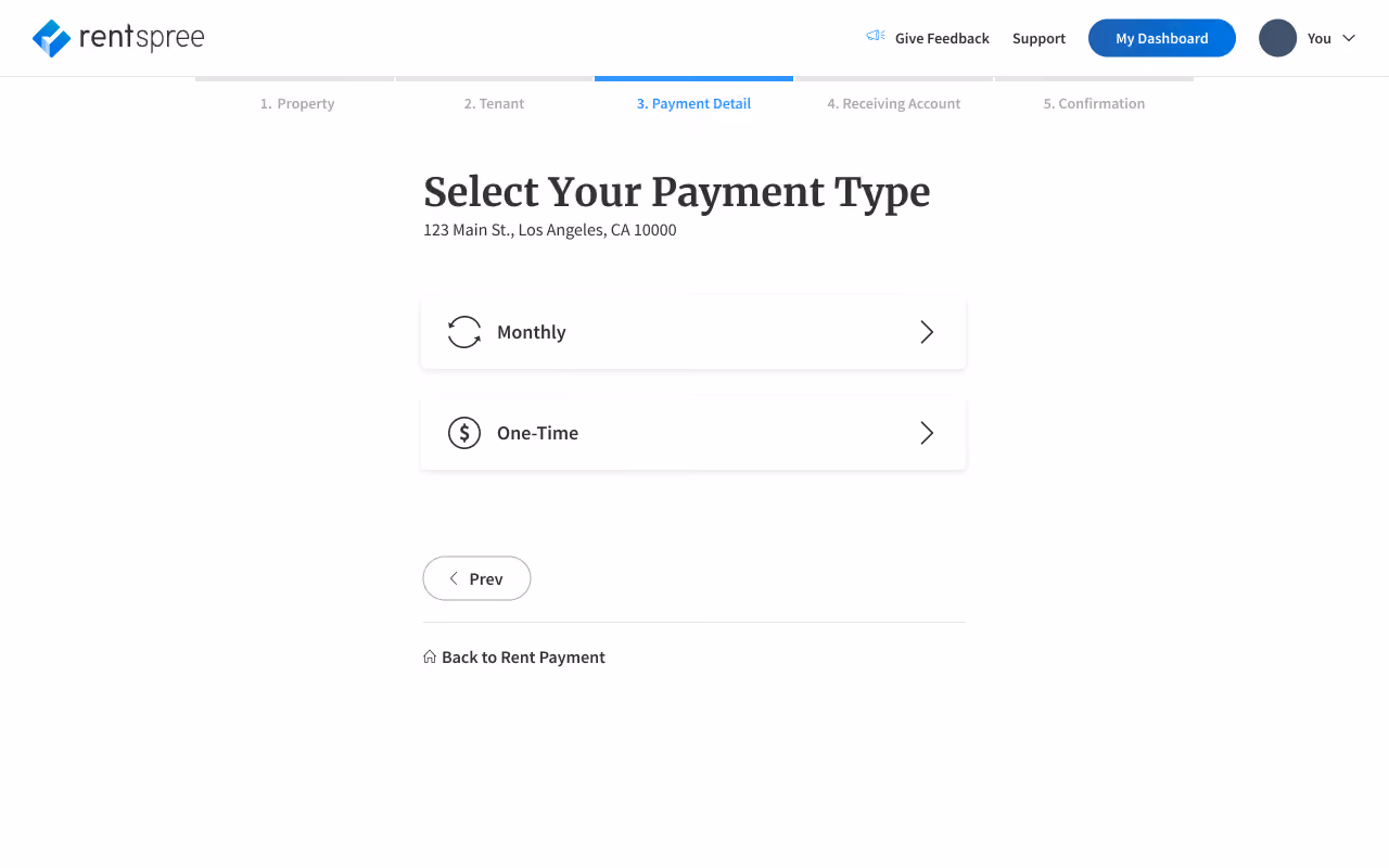 RentSpree payment page with options to select monthly or one-time payment for 123 Main St., Los Angeles.