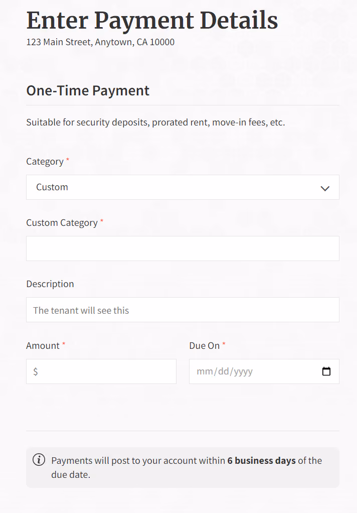 Payment form for one-time fees with fields for category, custom category, description, amount, and due date.