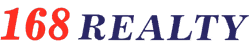 Logo with red number 168 and dark blue word REALTY in italic serif font.