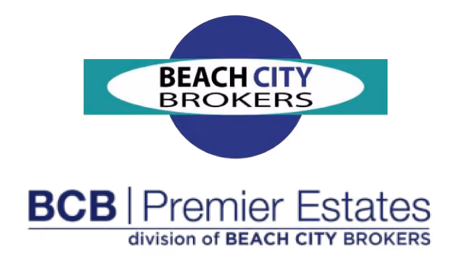 Logo of BCB Premier Estates, a division of Beach City Brokers, with blue and teal design elements.