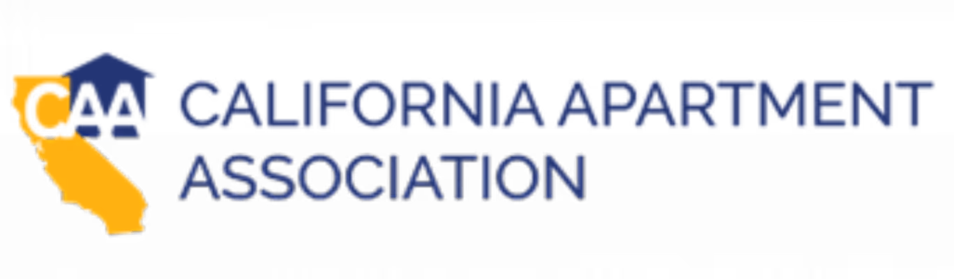 Logo of California Apartment Association with a yellow California map and building icon.