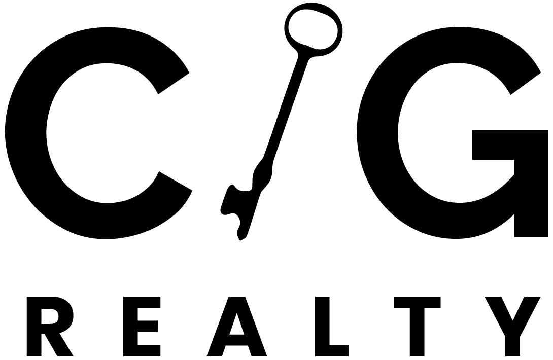 White CG Realty logo with stylized house and text on black background.