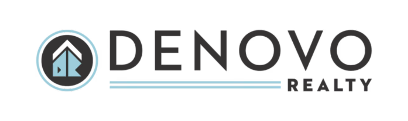 Denovo Realty logo with stylized house icon inside a blue circle to the left of the company name.