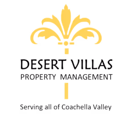 Desert Villas Property Management logo with gold fleur-de-lis and tagline serving Coachella Valley