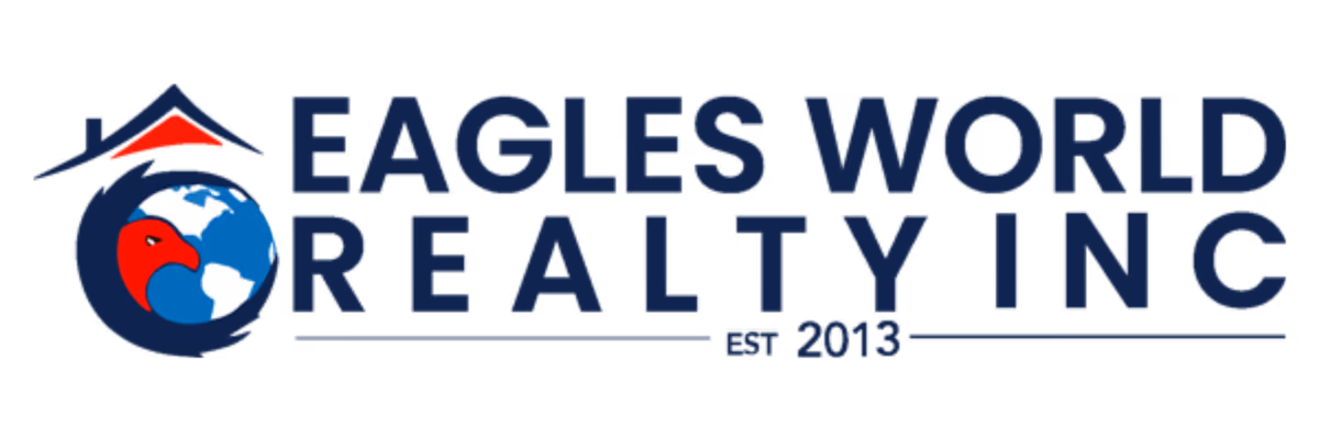 Logo with a red eagle head in front of a blue and white globe under a red roof shape on dark blue background.