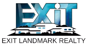 EXIT Landmark Realty logo with stylized EXIT text and two white high-speed trains below it.