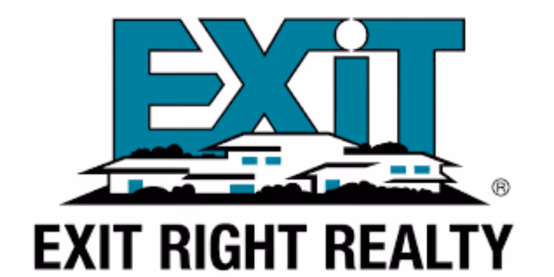 EXIT in large letters above stylized houses with bushes and EXIT RIGHT REALTY text below.