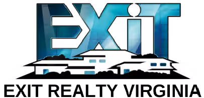 Logo with the word 'EXIT' in large blue gradient letters above a stylized white house silhouette.