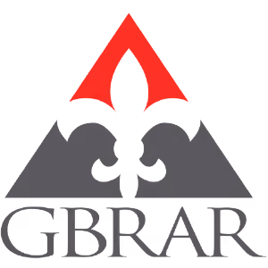GBRAR logo with stylized red and gray triangular shapes forming symmetrical design above the letters GBRAR.
