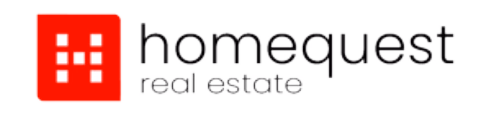 Homequest real estate logo with a red square containing white pixelated letter H.