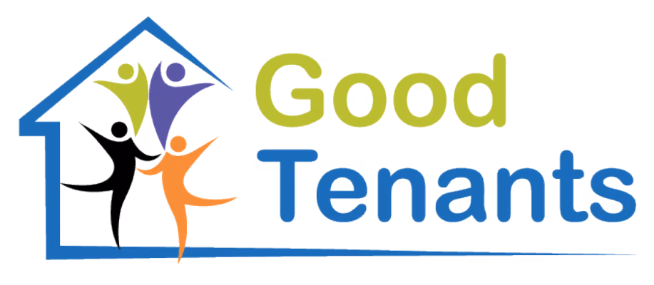 Good Tenants logo with a blue house outline and four colorful dancing human figures inside.