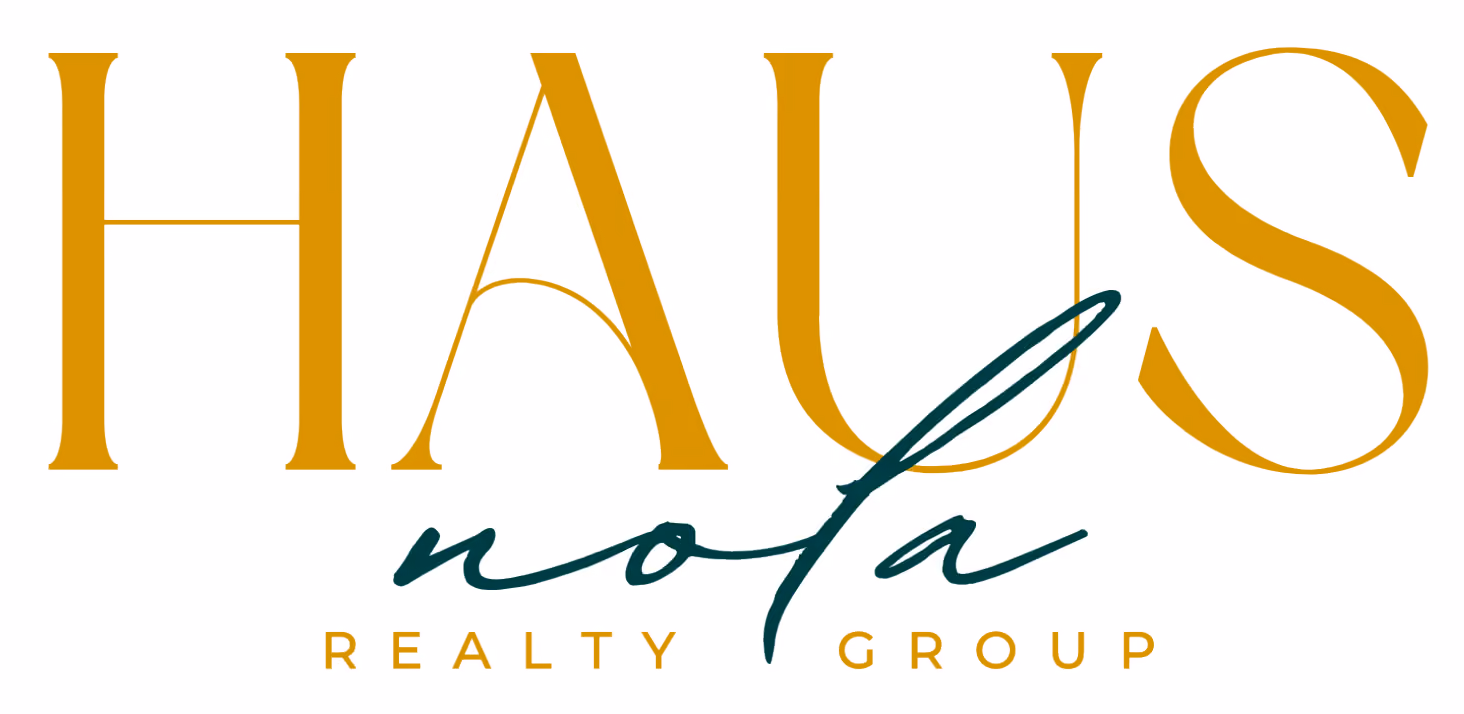 Logo reading HAUS in gold serif font, over green cursive 'nola' and gold text 'Realty Group'.