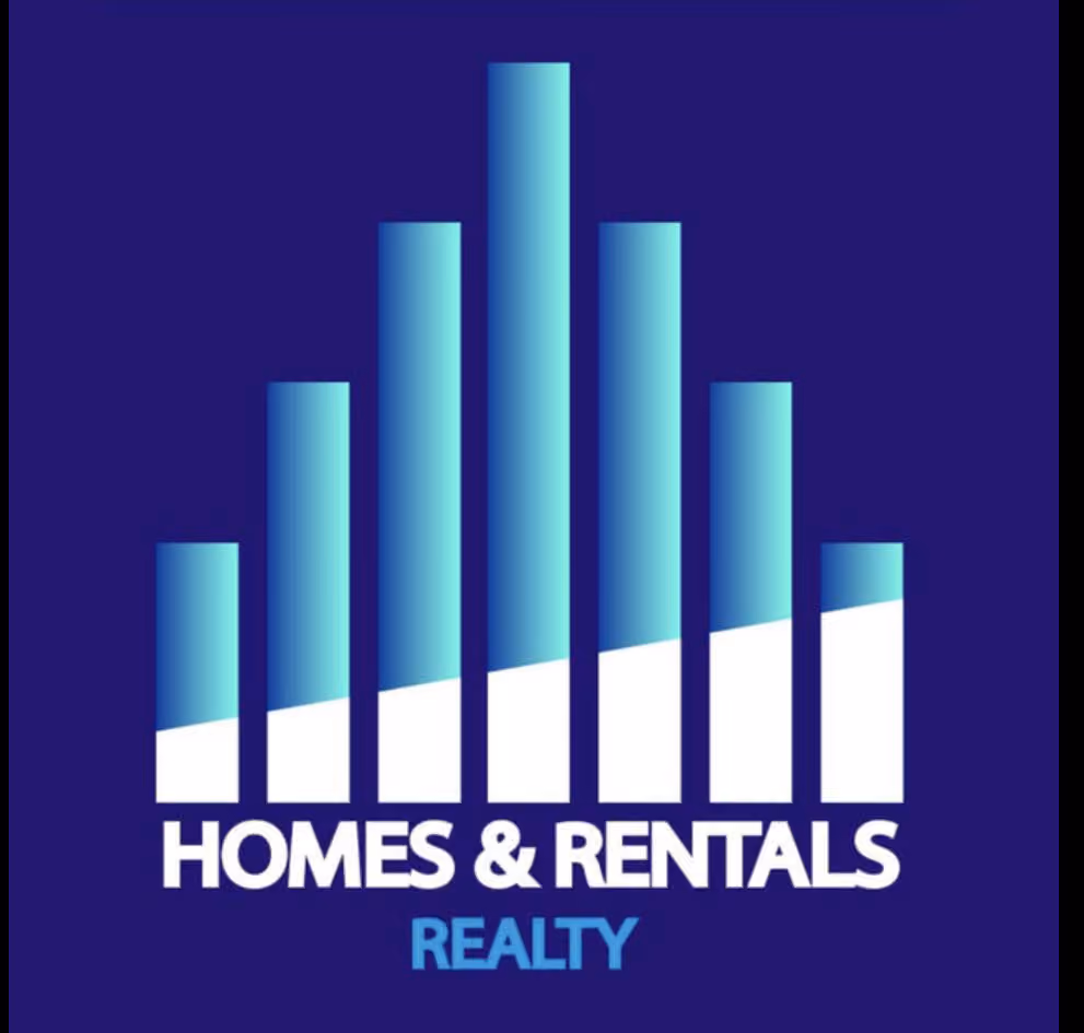 Logo for Homes & Rentals Realty with stylized bar shapes resembling buildings on a dark background.