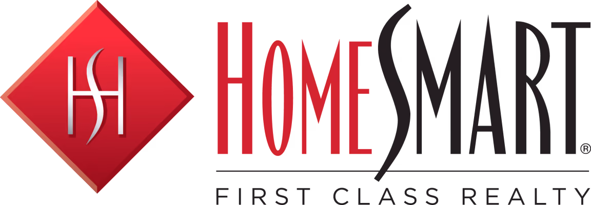 HomeSmart First Class Realty logo with red diamond and stylized white H and S initials.