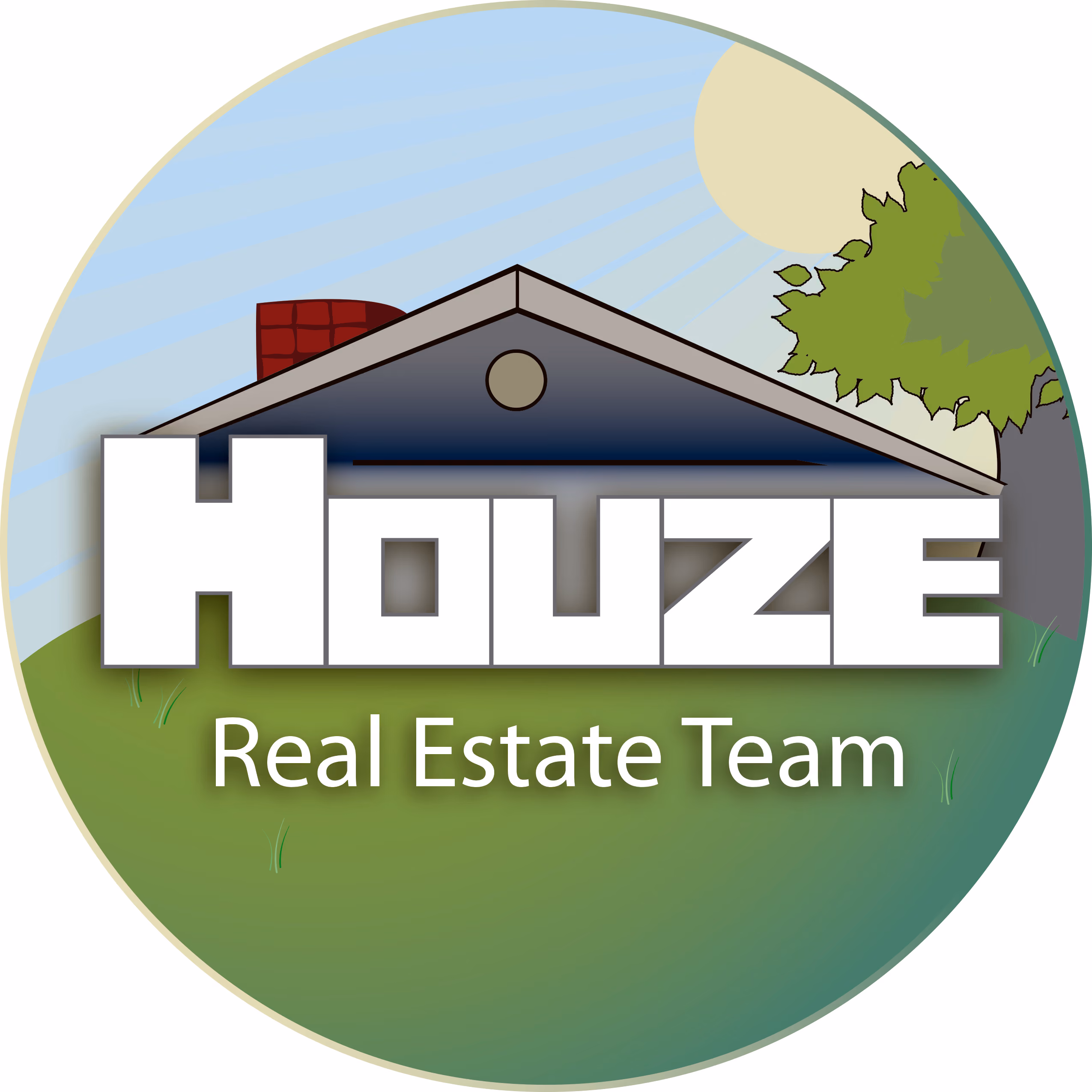 Logo with stylized house roof over bold text 'Houze' and 'Real Estate Team' below on green grass.