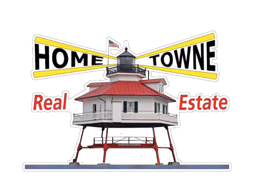 HOMETOWNE Real Estate logo with a lighthouse featuring a red roof and an American flag.