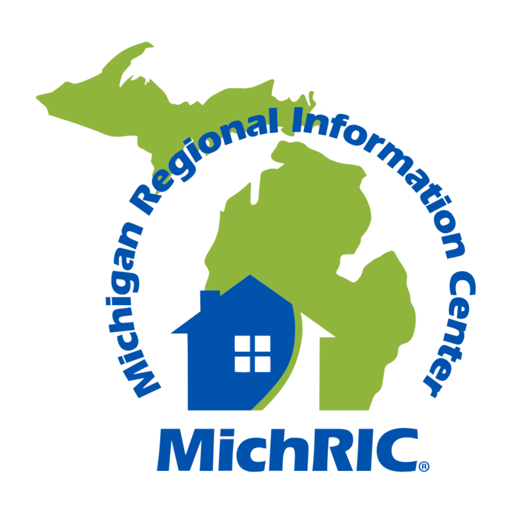 Green outline of Michigan with blue house icon and text Michigan Regional Information Center MichRIC.