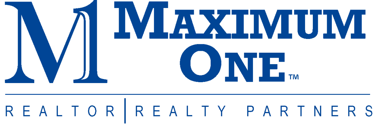 Logo of Maximum One Realtor Realty Partners in blue text with large M and vertical line separator.