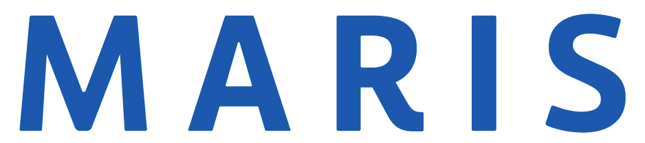 MARIS text logo in bold blue capital letters on a white background.