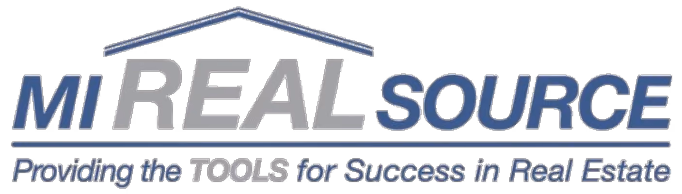 MI REAL SOURCE logo with a house roof outline and tagline about tools for real estate success.