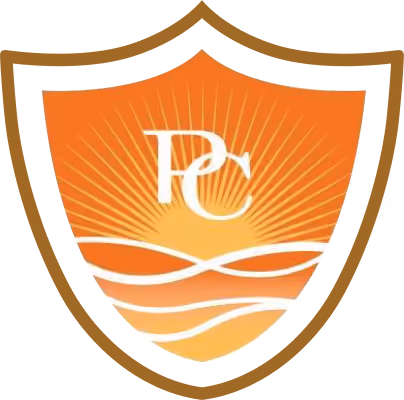 Shield emblem with sunburst, waves, and white letters P and C overlapping on orange background.
