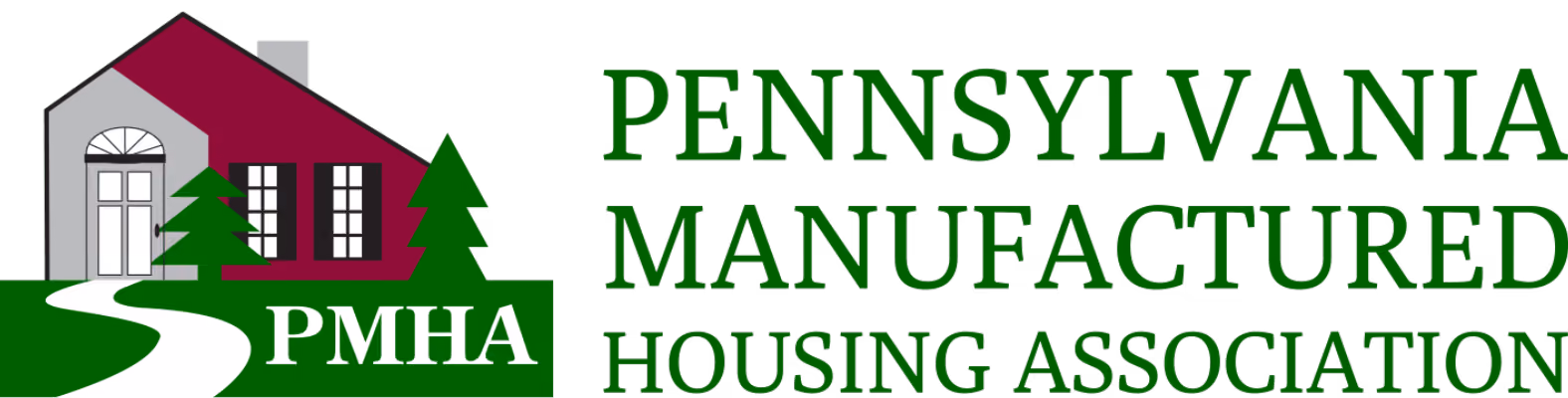 Logo with a house, two green trees, and the text PMHA and Pennsylvania Manufactured Housing Association.