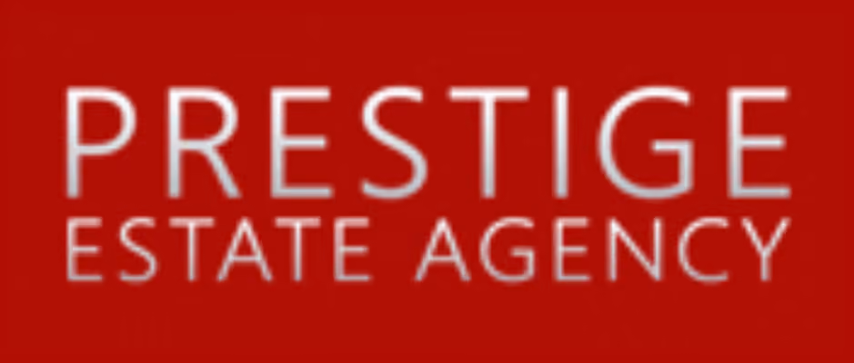 Prestige Estate Agency text logo in white on a red background.