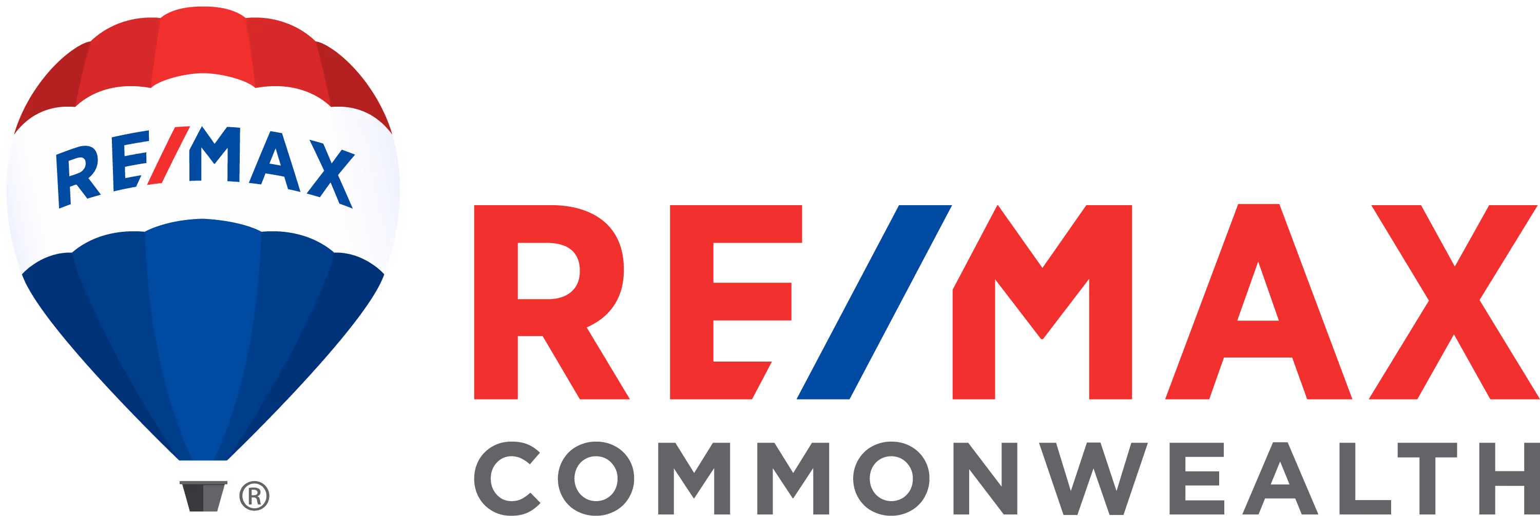 RE/MAX Commonwealth logo featuring a red, white, and blue hot air balloon and bold text.