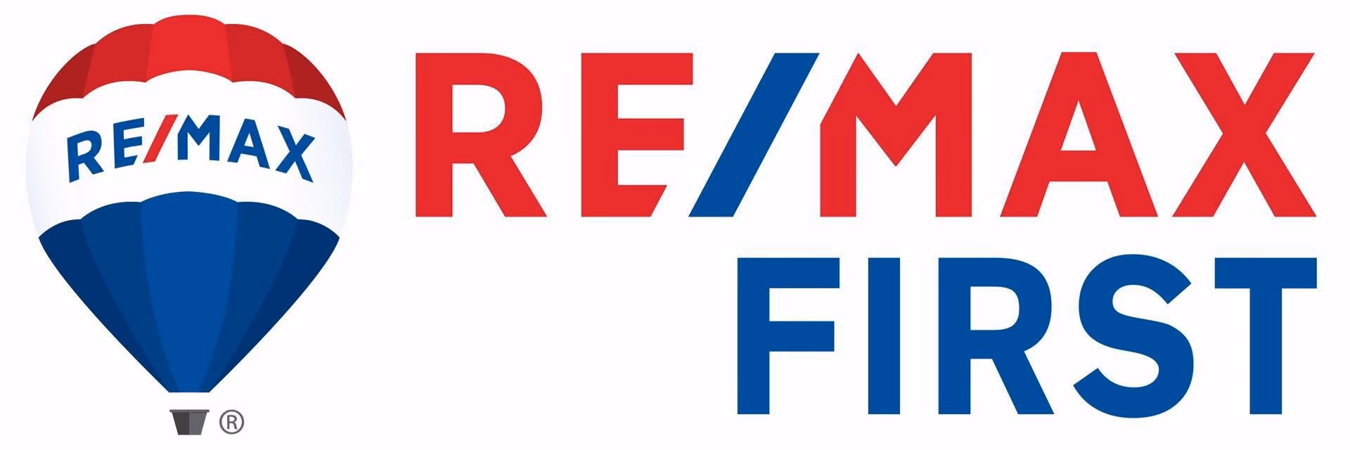 RE/MAX First logo with red, white, and blue hot air balloon and bold RE/MAX FIRST text.