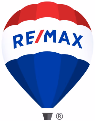 RE/MAX hot air balloon logo with red, white, and blue sections and trademark symbol.