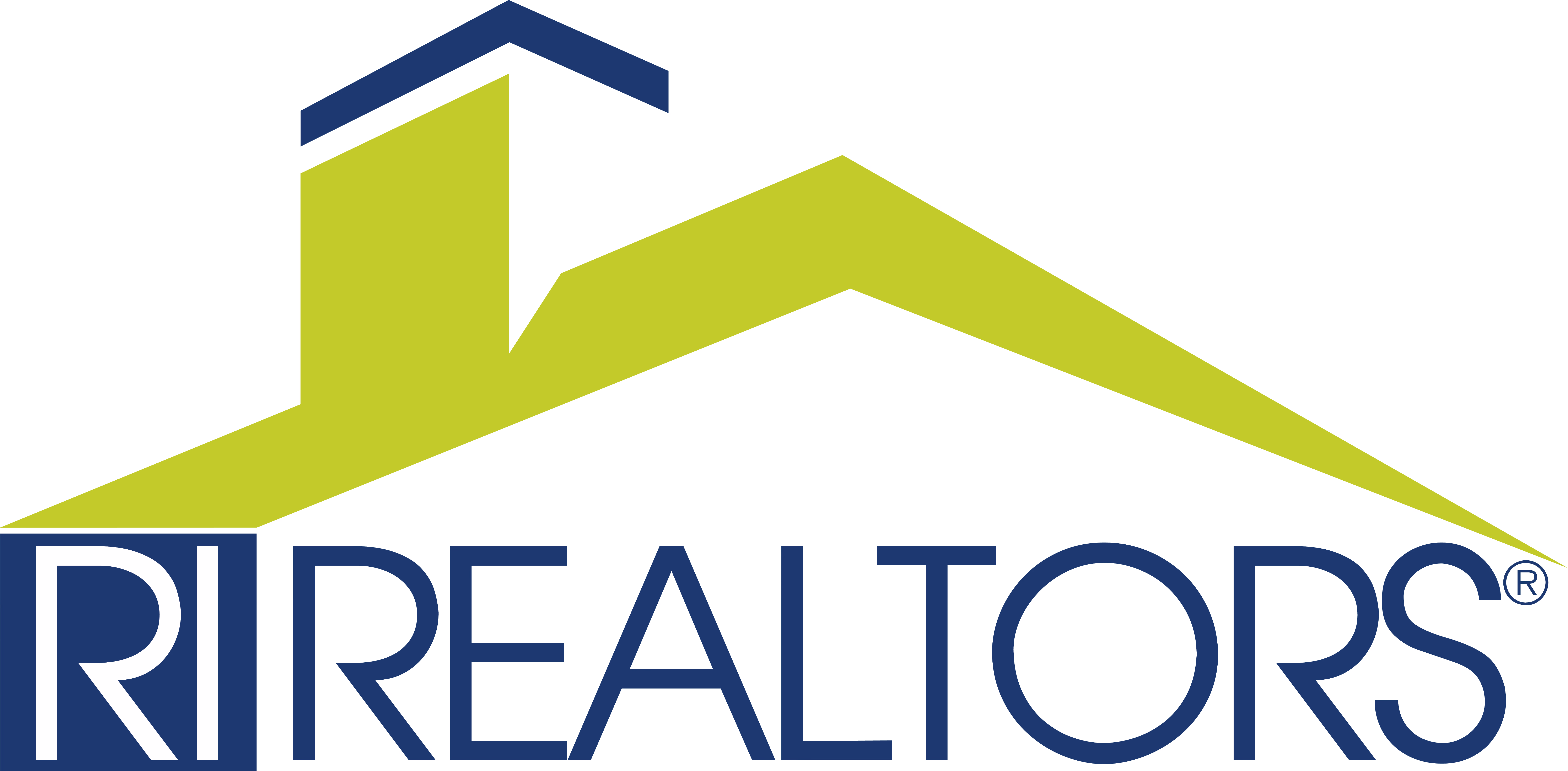 RI REALTORS logo with green house roof outline above navy blue text.