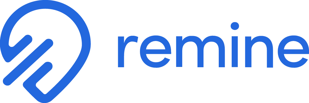Remine company logo with blue stylized location pin icon and the word remine.