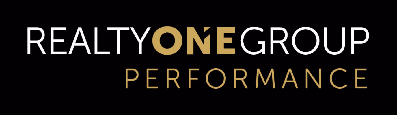 Logo of Realty One Group Performance with one highlighted in gold on black background.