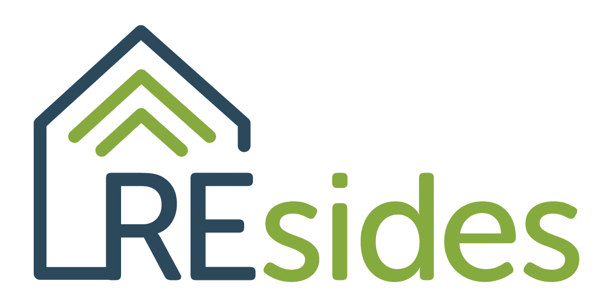 Logo with house outline and green upward arrows above bold text reading 'REsides'.