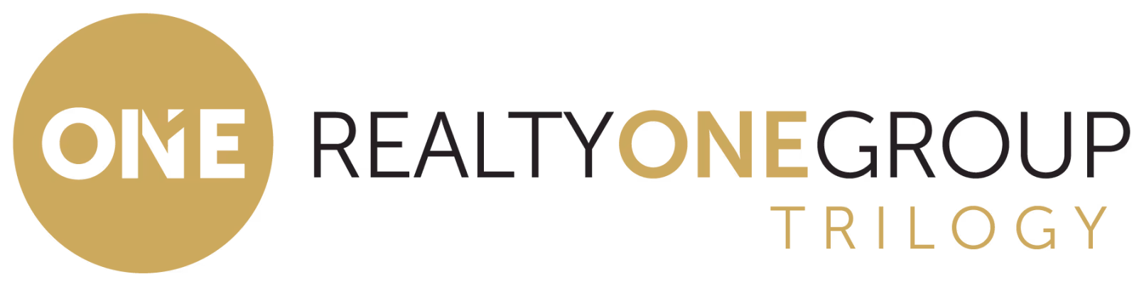 Logo with word ONE inside gold circle, and text Realty One Group Trilogy beside and below it.
