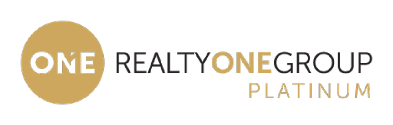 Logo for Realty One Group Platinum with ONE in gold circle and text in black and gold.