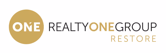 Logo with text Realty One Group Restore featuring a gold circle with word ONE inside.