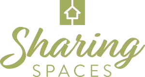 Sharing Spaces logo with stylized text and a house-shaped arrow symbol above it.