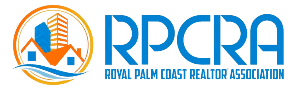Logo of Royal Palm Coast Realtor Association with stylized house, palm tree, and blue text RPCRA.
