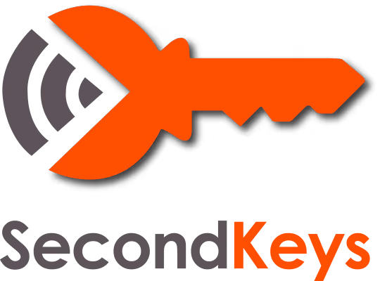 Orange key with wireless signal icon and the text SecondKeys, with Keys in orange.
