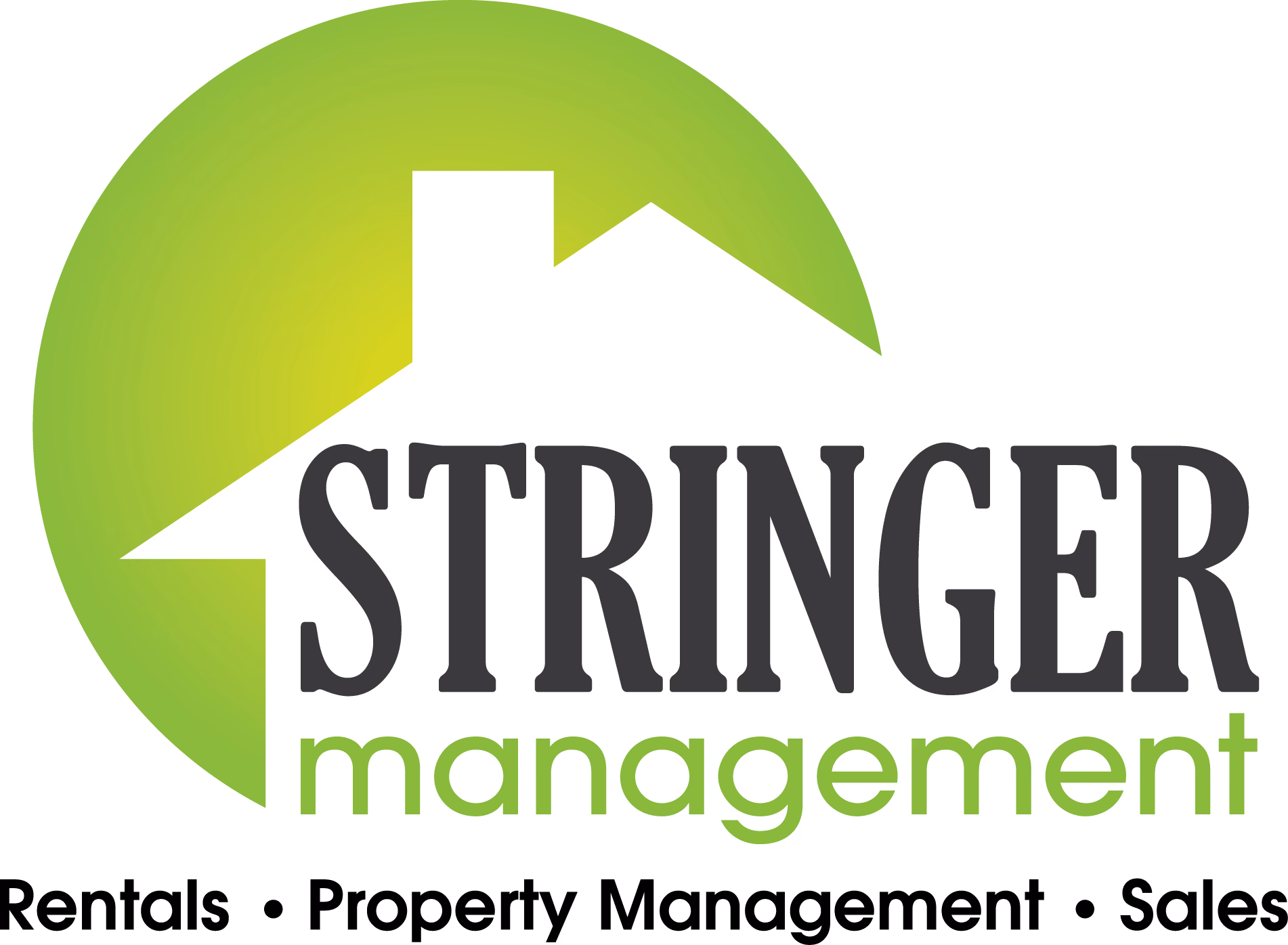 Logo with green circle and white house silhouette with text Stringer Management Rentals Property Sales.