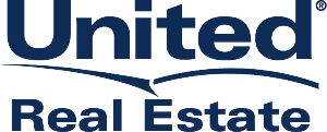 United Real Estate logo with stylized blue text and curved lines.