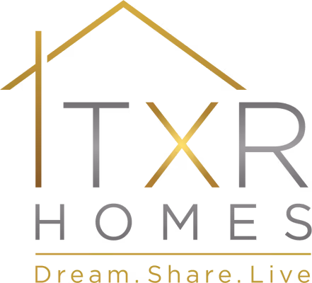 TXR Homes logo with a stylized gold roof outline above the text.