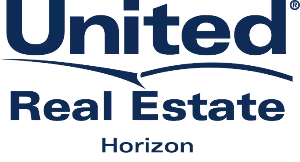 United Real Estate Horizon logo in dark blue text with a curved line underneath United.