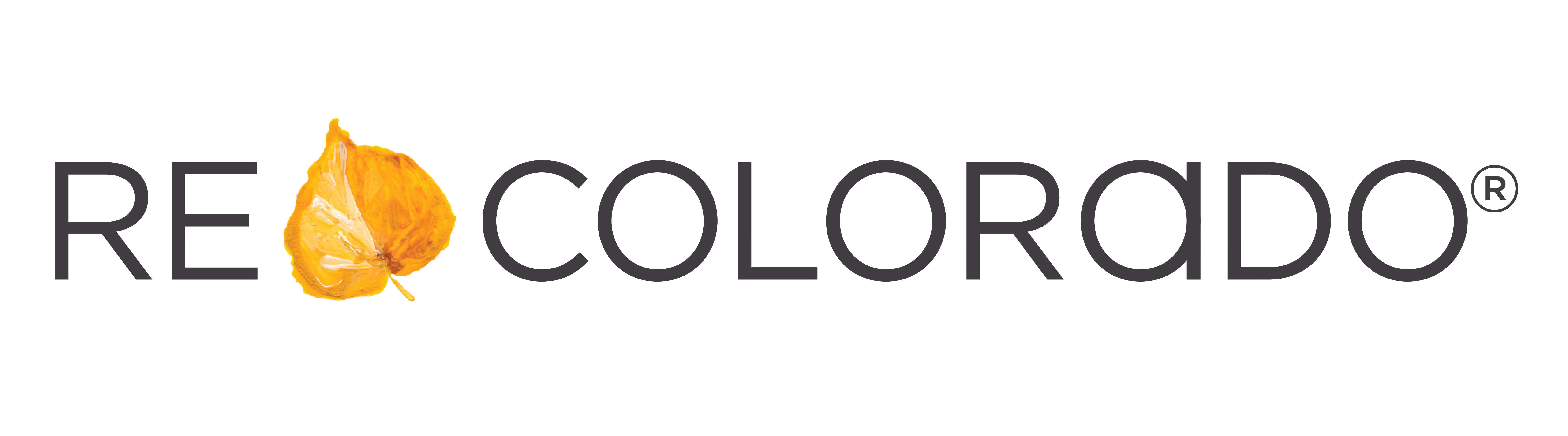 Logo with text RE COLORADO and a yellow autumn leaf between RE and COLORADO