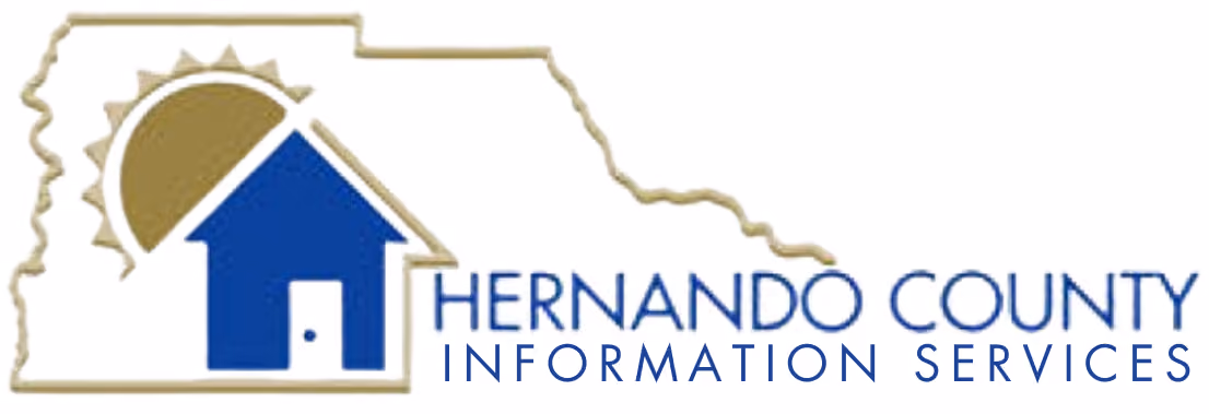 Outline of Hernando County with a sun and house icon next to the text Hernando County Information Services.
