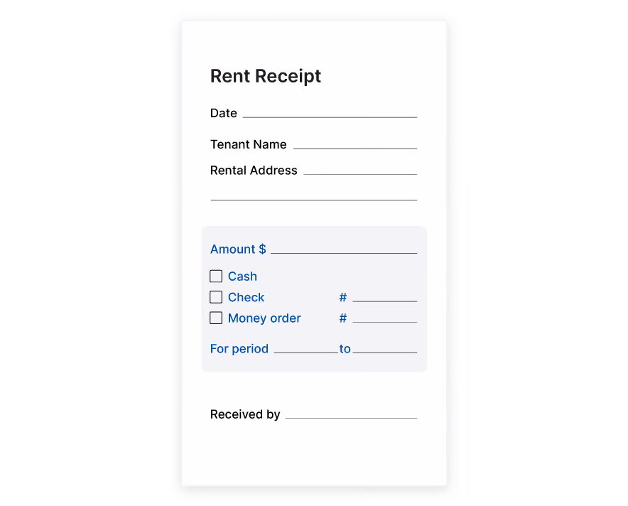 Blank rent receipt form with fields for date, tenant name, rental address, amount, payment type, period, and received by.
