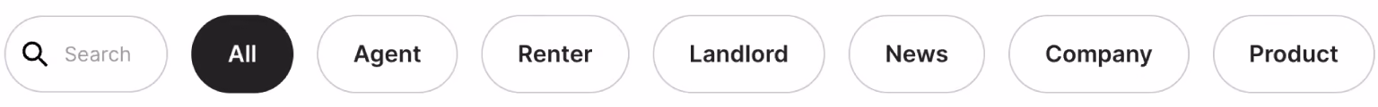 Search bar with tags: All, Agent, Renter, Landlord, News, Company, and Product, with All selected.