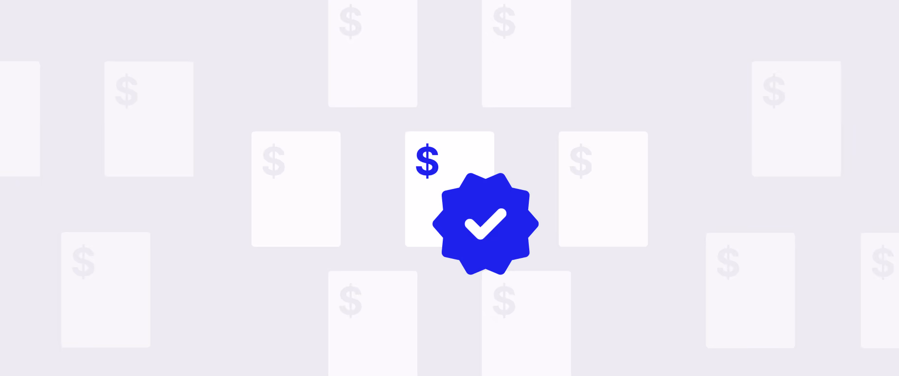 Image has a grey background with dollar signs and a blue verified check mark superimposed on top. 