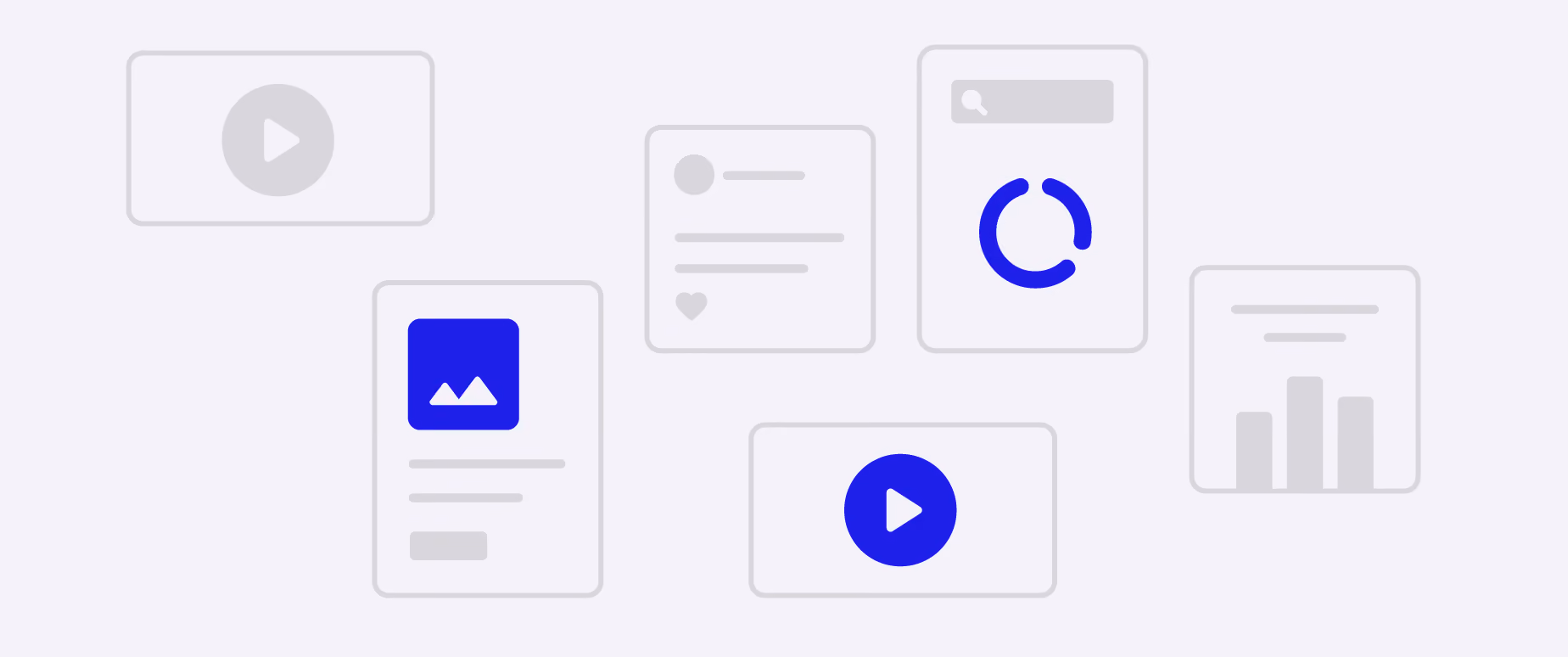 Abstract icons representing multimedia content: video, image, social media post, analytics, and search.
